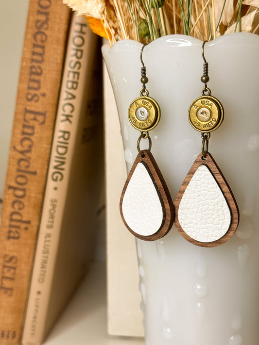 White Leather & Wood Earrings