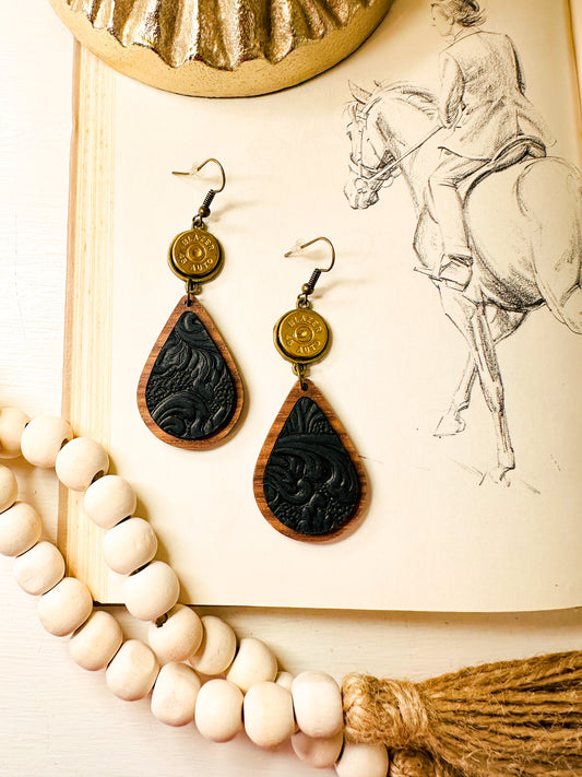 Black Leather & Wood Earrings